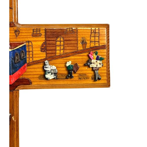 Folk Art Hand Painted 3-D Wood Cross Church Village Scene 20” x 14” - Picture 4 of 7